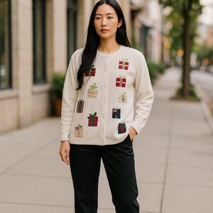 Talbots Cream Cardigan with Festive Gift boxes new size Large